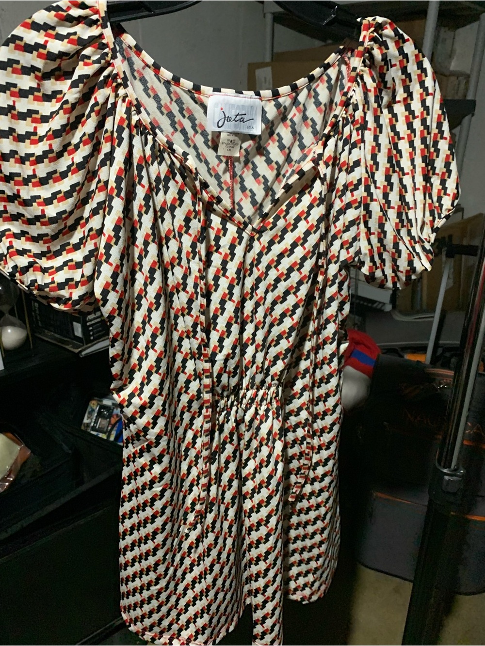 Cream Geometric Print Puff Sleeve Tunic